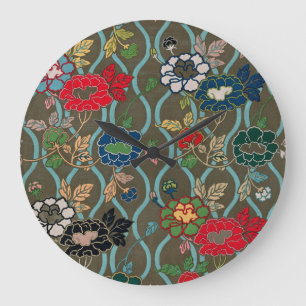Eleganz enthüllt: Japanisches Vintage-Blumenmuster Große Wanduhr