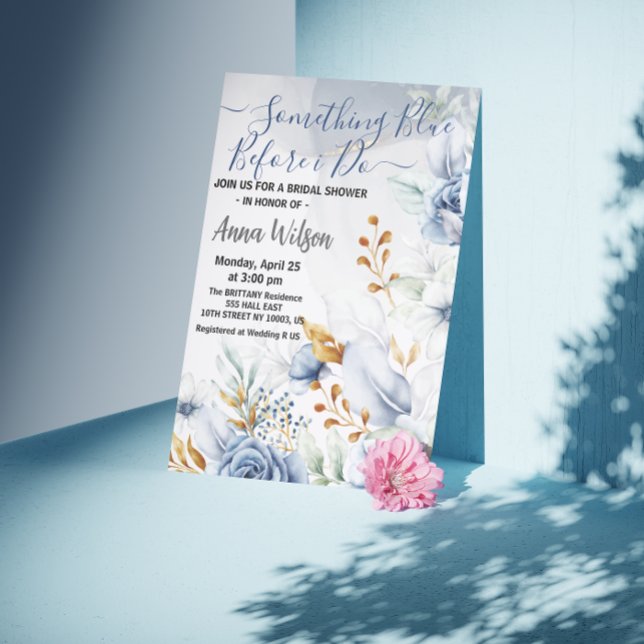 Eleganz etwas Blau, bevor ich Brautparty Einladung (Something Blue Before I do bridal shower elegant watercolor flowers bride to be elegant calligraphy )