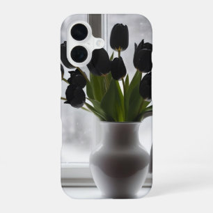 "Eleganz im Frost: Schwarze Tulpen in einer weißen iPhone 16 Hülle