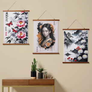 Eleganz in Bloom: Blumen und Portrait Harmonie Wandteppich Mit Holzrahmen