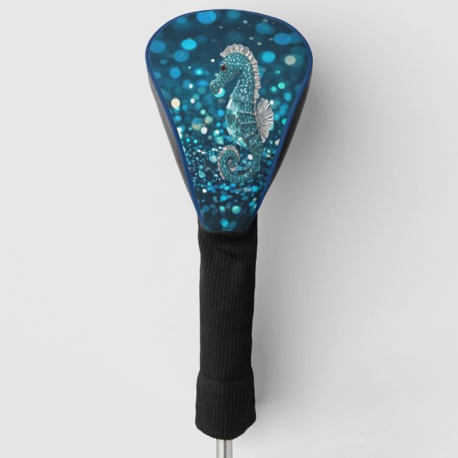 Eleganz in Motion: Aqua Seepferd über Aqua Bokeh Golf Headcover (Vorderseite)