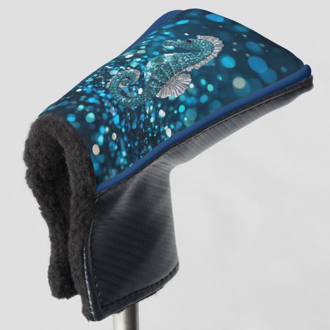 Eleganz in Motion: Aqua Seepferd über Aqua Bokeh Golf Headcover (3/4 Vorderseite)
