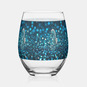 Eleganz in Motion: Aqua Seepferd über Aqua Bokeh Weinglas Ohne Stiel