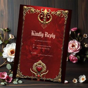 Eleganz in rotem Glanz mit einem verzierten Herz. RSVP Karte