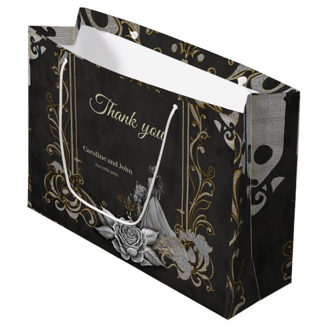 Eleganz in Silber und Schwarz. Große Geschenktüte (Vorderseite Schrägansicht)