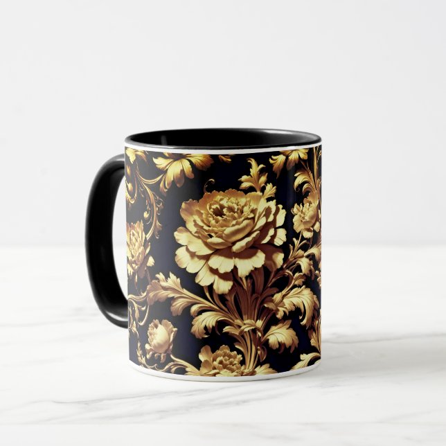 Eleganz personifiziert: Schwarze und goldene Blüte Tasse (Vorderseite Links)