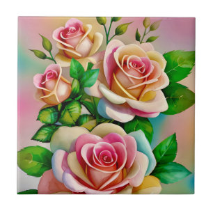 Eleganz-Rosen Rosa und Gelb Aquarell-Pastell Fliese
