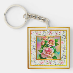 Eleganz-Rosen Rosa und Gelb Aquarell-Pastell Schlüsselanhänger