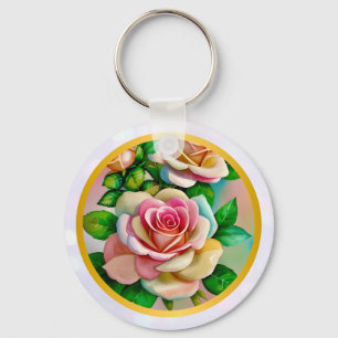 Eleganz-Rosen Rosa und Gelb Aquarell-Pastell Schlüsselanhänger