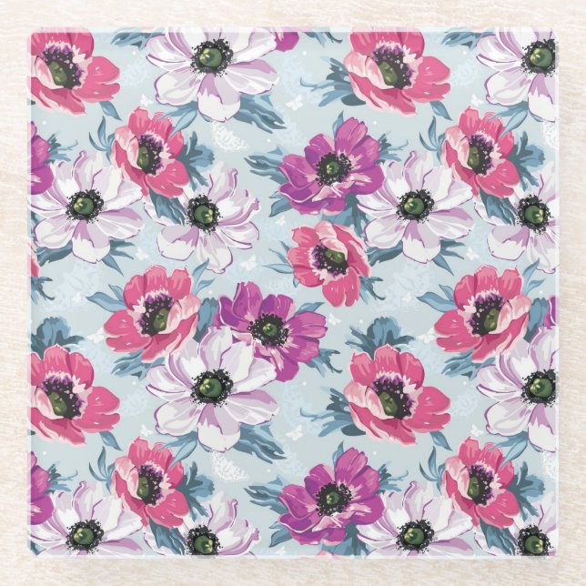 EleganzfarbBlumenmuster auf Blau Glasuntersetzer (Vorderseite)