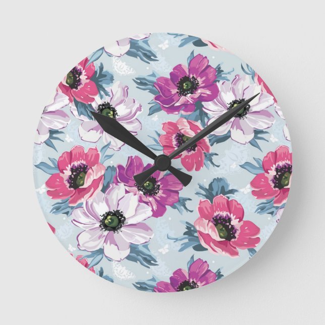 EleganzfarbBlumenmuster auf Blau Runde Wanduhr (Vorderseite)