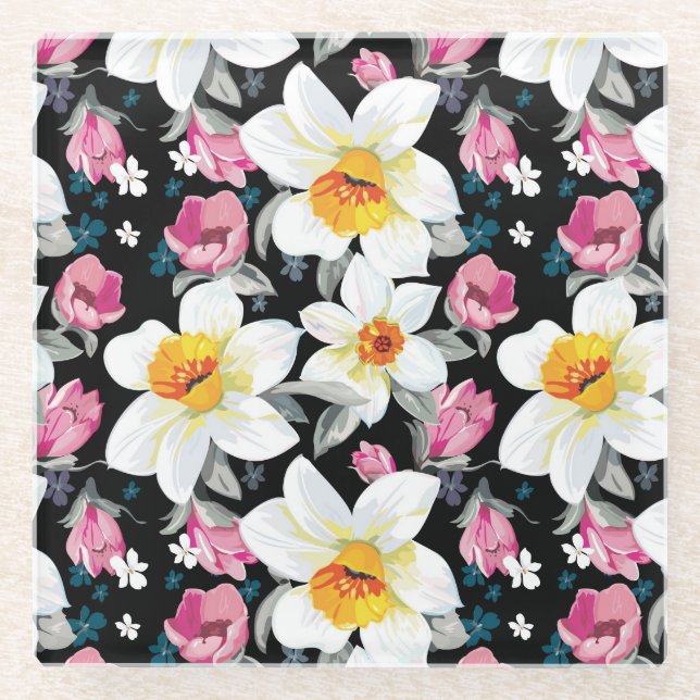 Eleganzmuster mit Narzissen-Blumen Glasuntersetzer (Vorderseite)