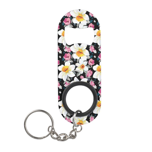 Eleganzmuster mit Narzissen-Blumen Mini Flaschenöffner (Vorderseite)