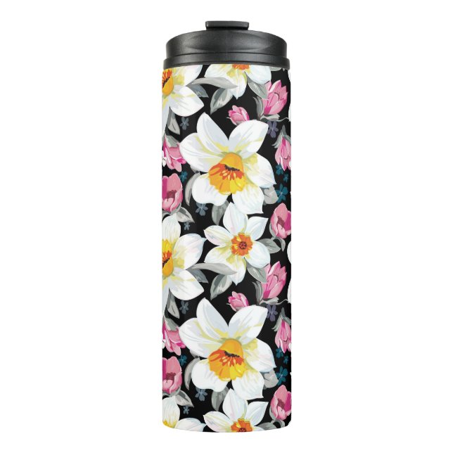 Eleganzmuster mit Narzissen-Blumen Thermosbecher (Vorderseite)