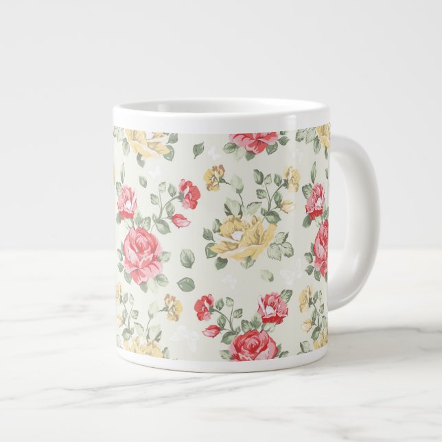 Eleganztapetenmuster der rosa Rosen Jumbo-Tasse (Vorderseite Rechts)