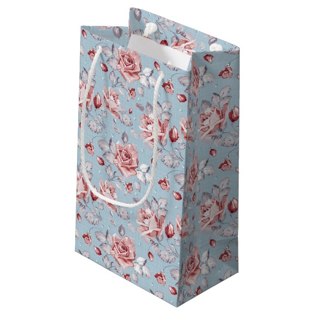 Eleganztapetenmuster von rosa Rosen 2 Kleine Geschenktüte (Rückseite Schrägansicht)