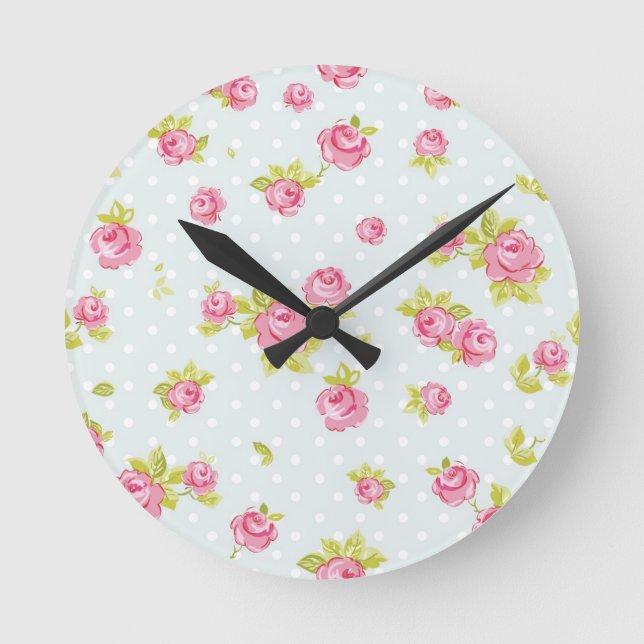 Eleganztapetenmuster von rosa Rosen 4 Runde Wanduhr (Vorderseite)