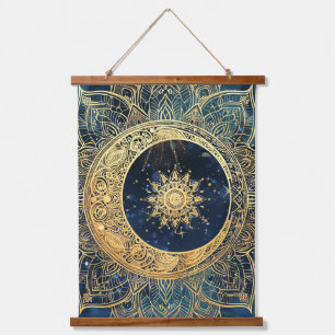 Elegeant Watercolor Blue Gold Mandala Sun Nebula Wandteppich Mit Holzrahmen