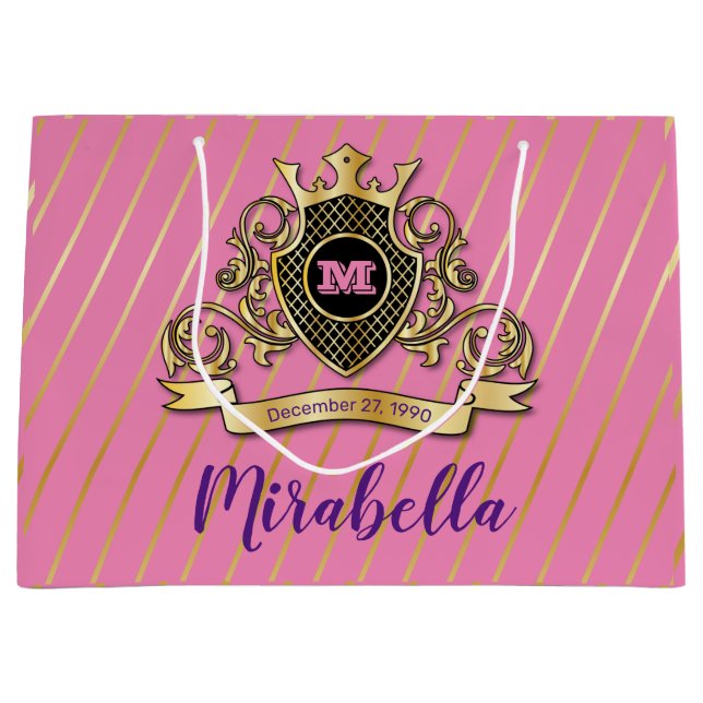 Elegent-Gol- und rosa-Monogramm-Design Große Geschenktüte (Vorderseite)