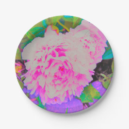 Elektrisch-rosa-Peonies im farbenfrohen Garten Pappteller