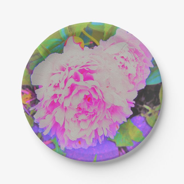 Elektrisch-rosa-Peonies im farbenfrohen Garten Pappteller (Vorderseite)