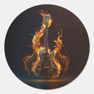 Elektrische Gitarre in Flammen            Runder Aufkleber