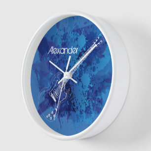 Elektrische Gitarre Kontur Blue Paint Splats Wanduhr