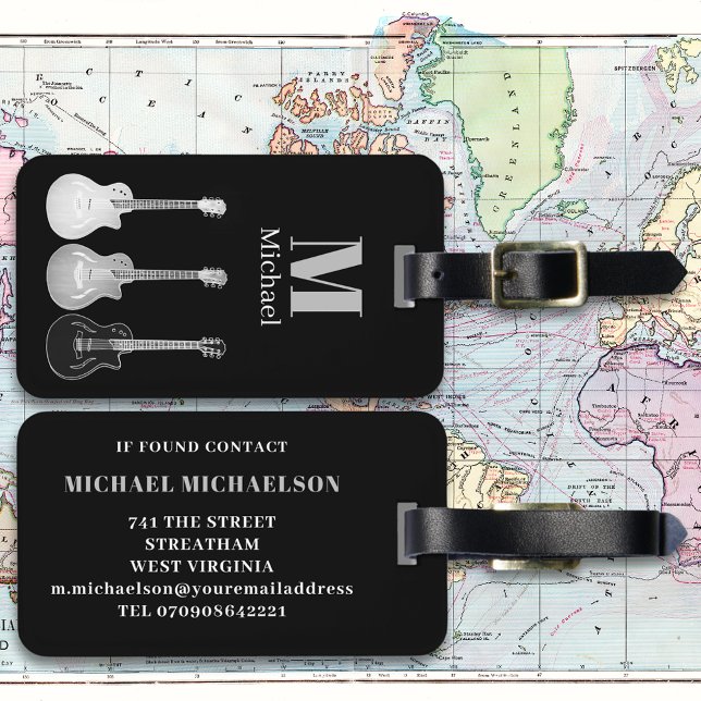 Elektrische Gitarre Moderne Personalisiert Gepäckanhänger (Electric guitar black and gray monogram custom travel luggage tag guitarists musicians music lovers)