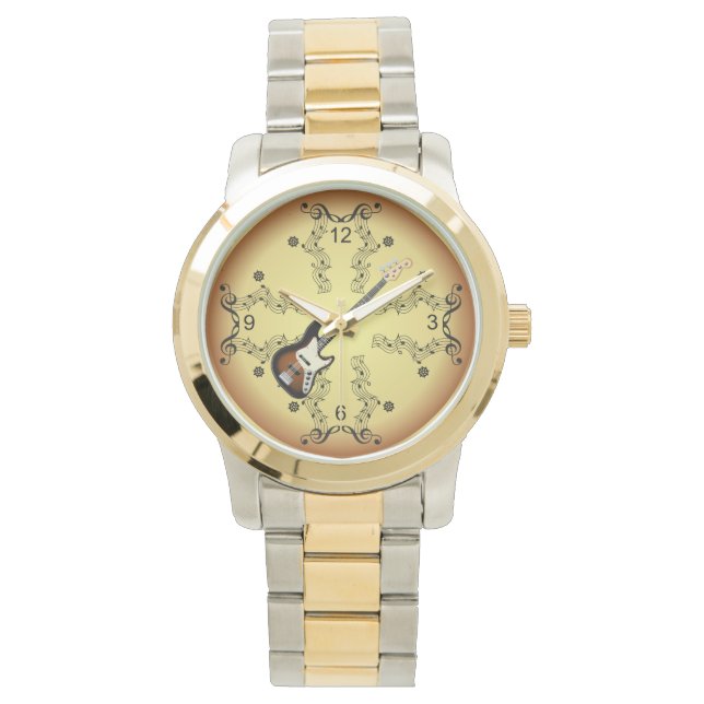 Elektrische Gitarre~Musical Scroll~Golden Backgrou Armbanduhr (Vorderseite)