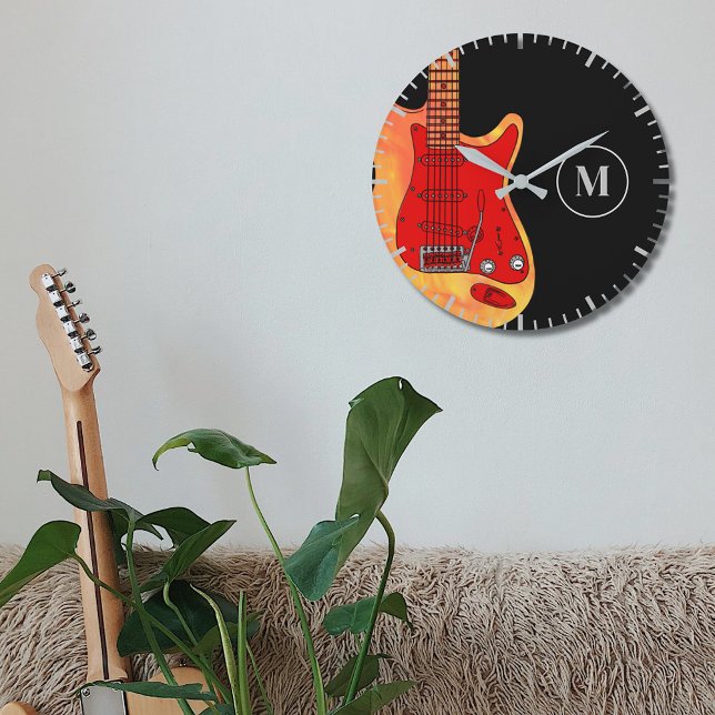 Elektrische Gitarre personalisiert Große Wanduhr (Electric guitar monogram black wall clock)