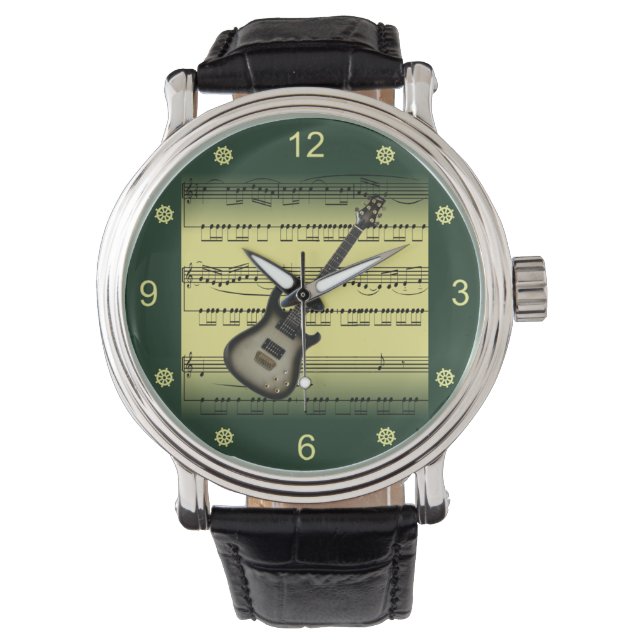 Elektrische Gitarre~Rolled Sheet Music~Gold/Green  Armbanduhr (Vorderseite)