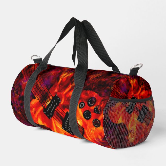 Elektrische Gitarre über "Fire Red Black Music Art Duffle Bag (Rechte Ecke)