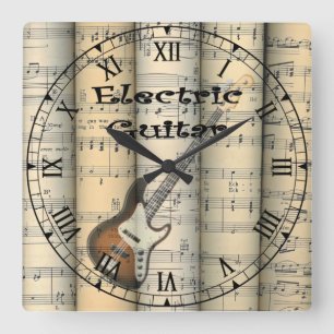 Elektrische Gitarre ~ Vintage Notenrollen ~ Quadratische Wanduhr