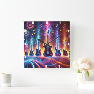 Elektrische Gitarren umgeben von Neon-Musiknoten Quadratische Wanduhr