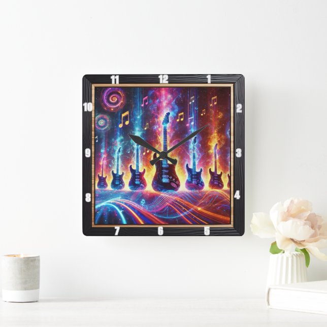 Elektrische Gitarren umgeben von Neon-Musiknoten Quadratische Wanduhr (Zuhause)