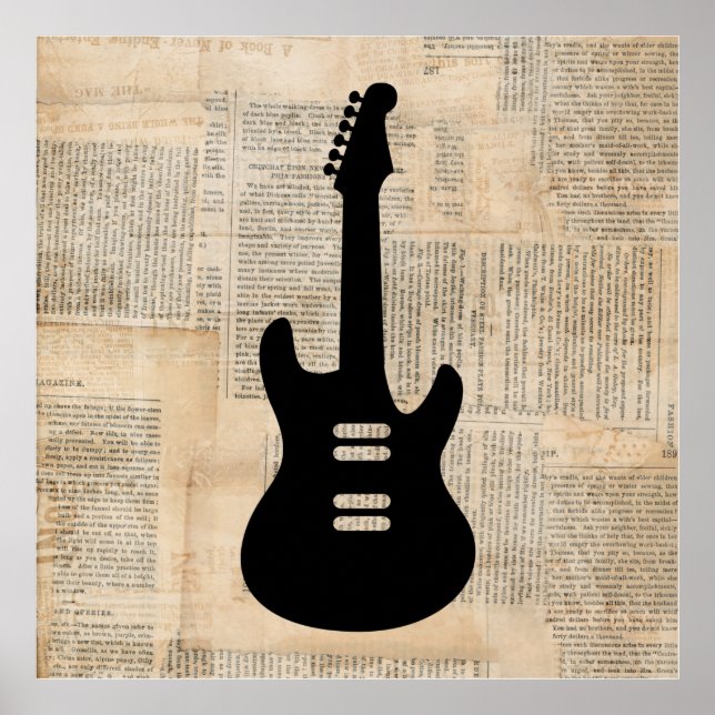 Elektrische Gitarrenmusik Kunst mit Zeitungstext Poster (Vorne)