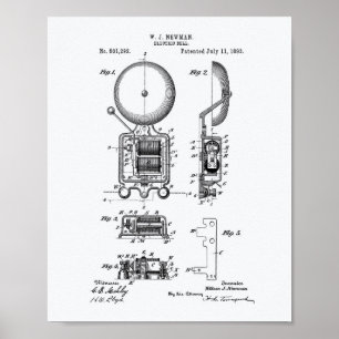 Elektrische Klingel 1893 Patentzeichnung - Weißes Poster
