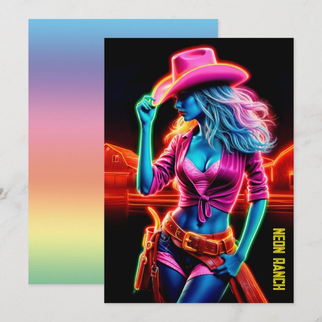 Elektrische Neonfarm Mädchen in rosa Hut unter Nac Einladung (Vorne/Hinten)