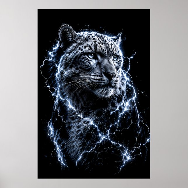 Elektrischer Schneeleopard | Blitz Großkatzenportr Poster (Vorne)