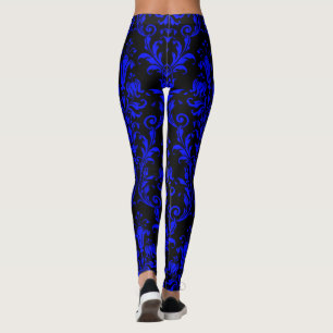 Elektrisches Blau auf schwarzen Floral Wirbel Dama Leggings