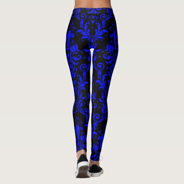 Elektrisches Blau auf schwarzen Floral Wirbel Dama Leggings (Rückseite)
