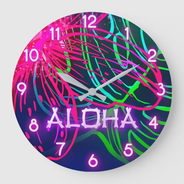 Elektrisches Luau tropisches Nachtneon-Aloha Große Wanduhr (Vorderseite)