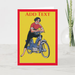 Elektrofahrrad, Vintage Frau, Textkarte bearbeiten Karte