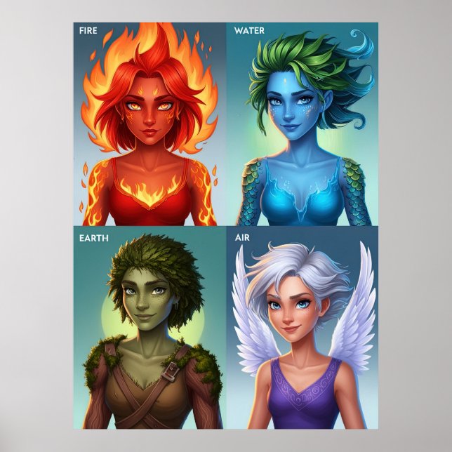 Elemental Fantasy Portraits Fire Water Earth Air Poster (Vorne)