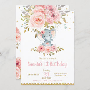 Elephant 1. Geburtstag Einladung Girl Pink Floral