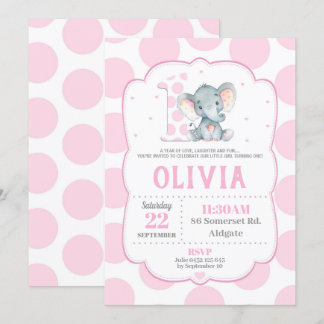 Elephant 1. Geburtstag Einladung Pink Polka Dots