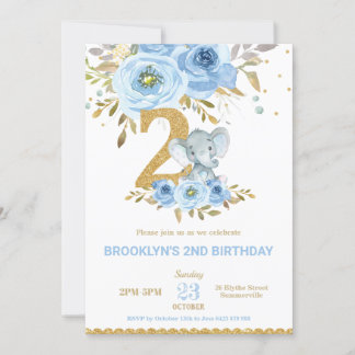 Elephant 2. Geburtstag Blue Floral Blume Zwei Einladung