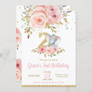 Elephant 2. Geburtstag Einladung Girl Pink Floral