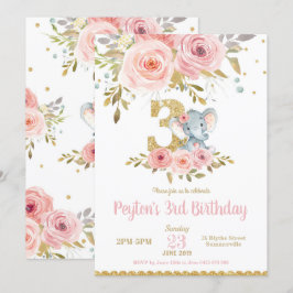 Elephant 3. Geburtstag Einladung Girl Pink Floral