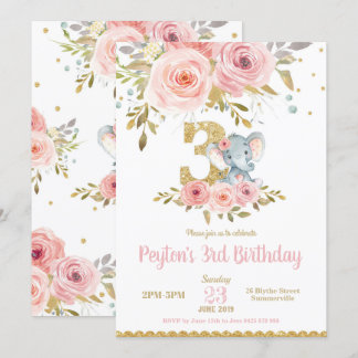 Elephant 3. Geburtstag Einladung Girl Pink Floral